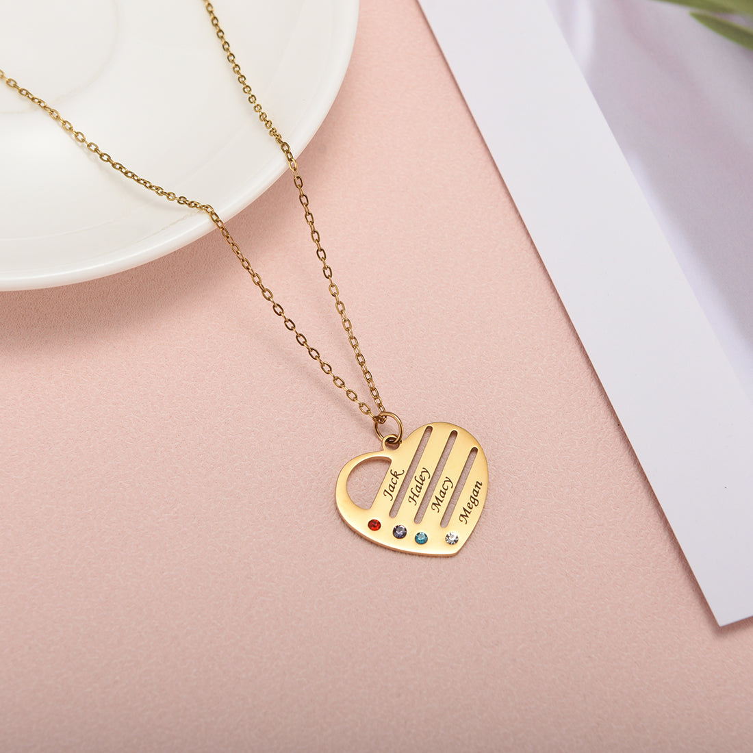 "Heart of the Family" – Custom Birthstone & Name Necklace in LED Mahogany Box