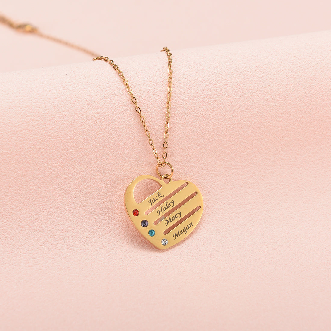"Heart of the Family" – Custom Birthstone & Name Necklace in LED Mahogany Box