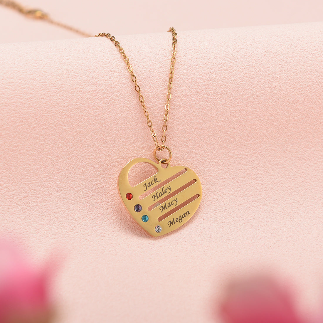"Heart of the Family" – Custom Birthstone & Name Necklace in LED Mahogany Box
