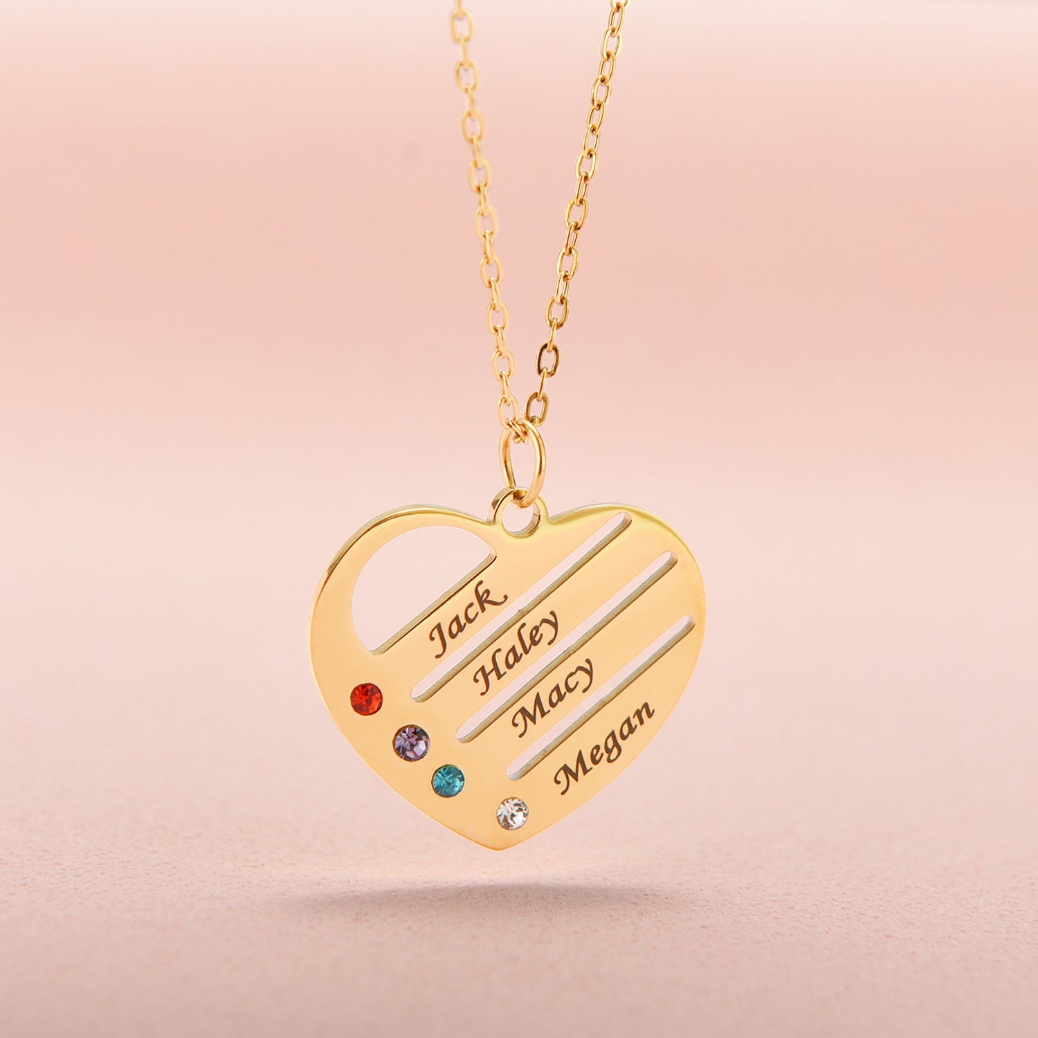 "Heart of the Family" – Custom Birthstone & Name Necklace in LED Mahogany Box