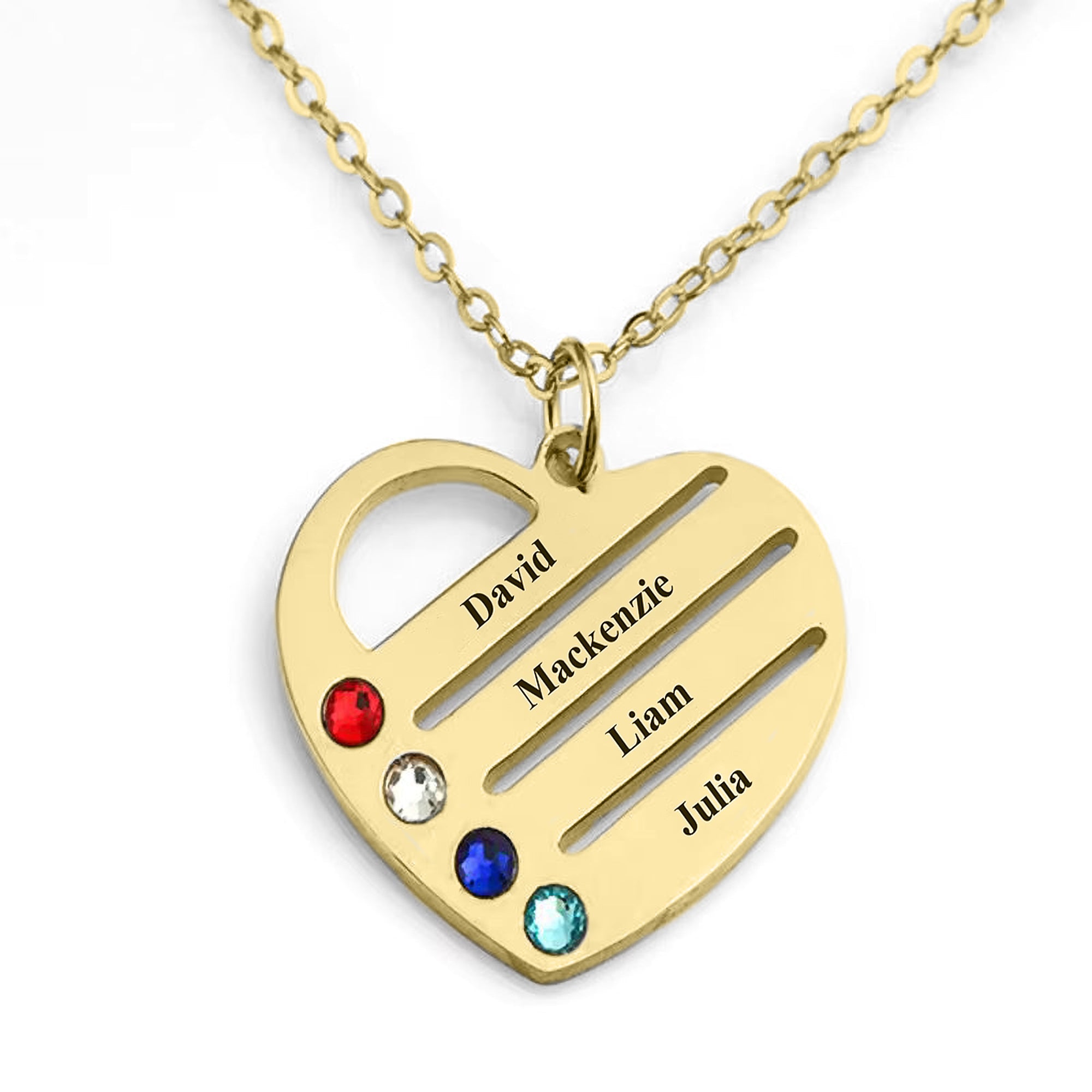 "Heart of the Family" – Custom Birthstone & Name Necklace in LED Mahogany Box