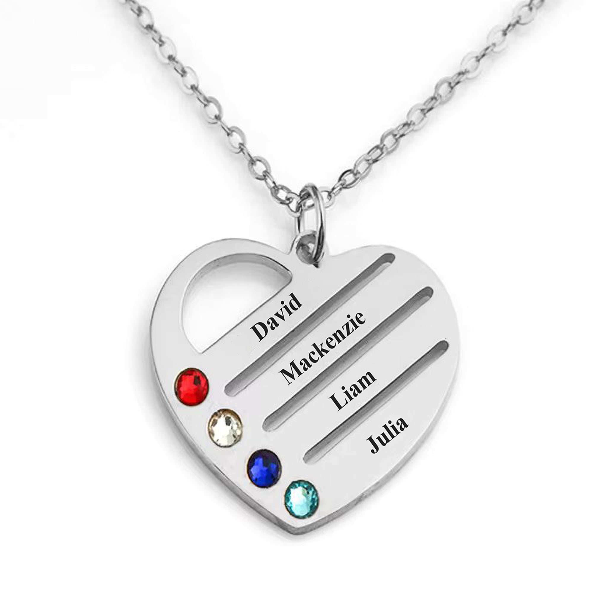 "Heart of the Family" – Custom Birthstone & Name Necklace in LED Mahogany Box