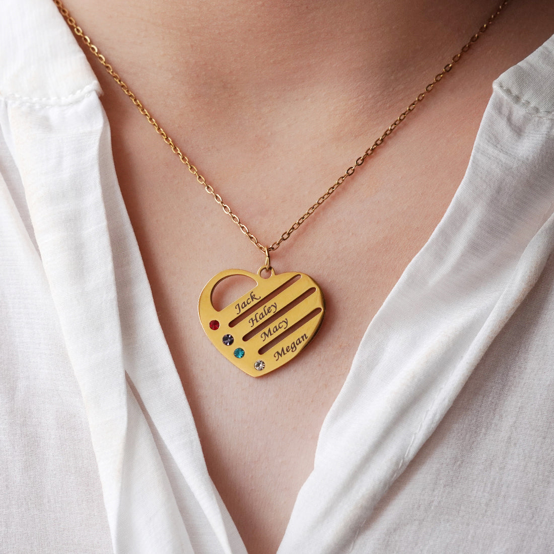 "Heart of the Family" – Custom Birthstone & Name Necklace in LED Mahogany Box
