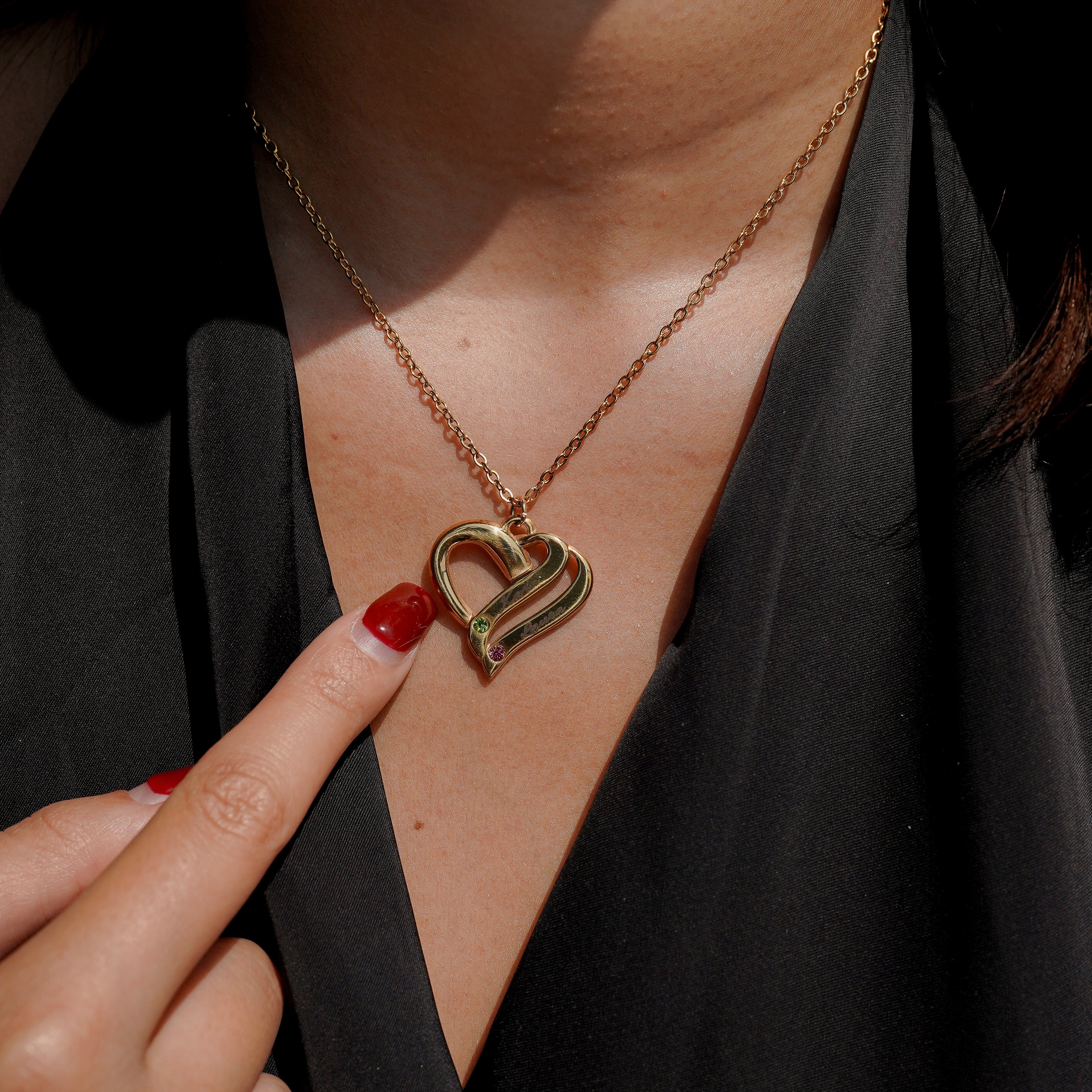 Personalized Heart Necklace with Dual Engravings & Birthstone